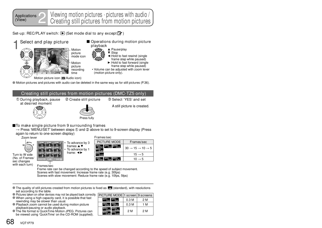 Panasonic DMC-TZ4 1Select and play picture, Creating still pictures from motion pictures DMC-TZ5 only 