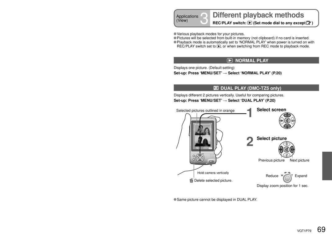 Panasonic DMC-TZ4 Different playback methods, Normal Play, Dual Play DMC-TZ5 only, Select screen Select picture 