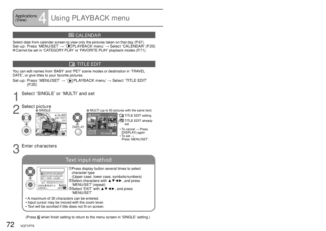 Panasonic DMC-TZ5, DMC-TZ4 operating instructions Applications 4 Using Playback menu, Calendar, Title Edit, Enter characters 