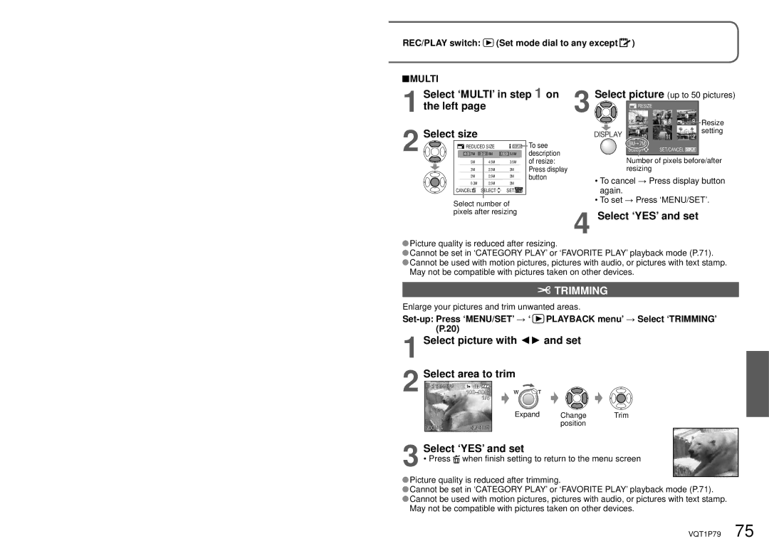 Panasonic DMC-TZ4, DMC-TZ5 operating instructions Select ‘MULTI’ in on the left Select size, Select ‘YES’ and set, Trimming 