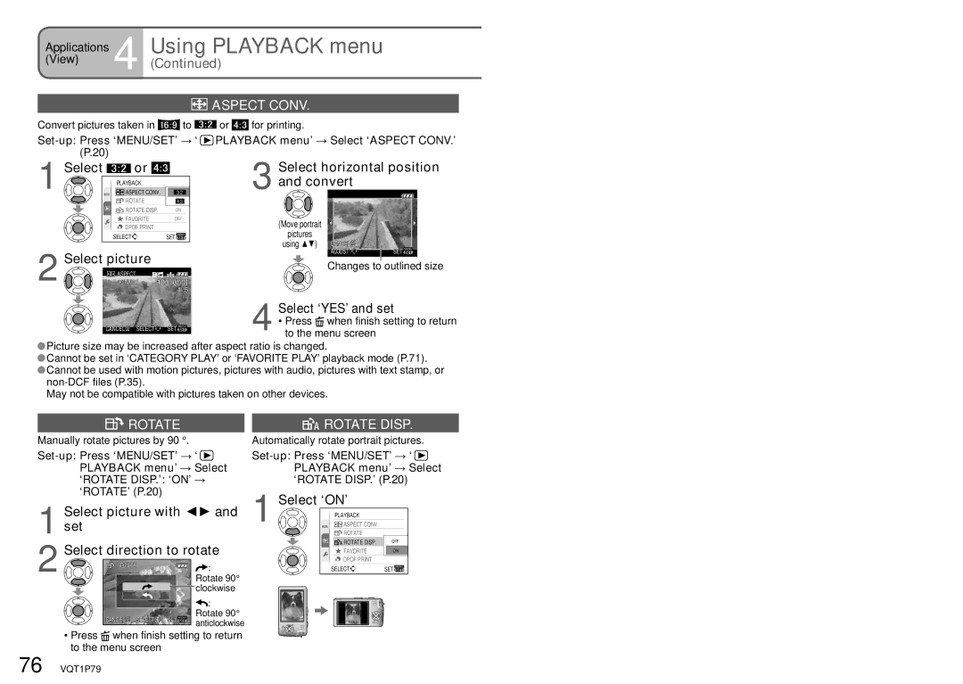 Panasonic DMC-TZ5, DMC-TZ4 operating instructions Aspect Conv, Select picture, Select ‘YES’ and set, Rotate Rotate Disp 