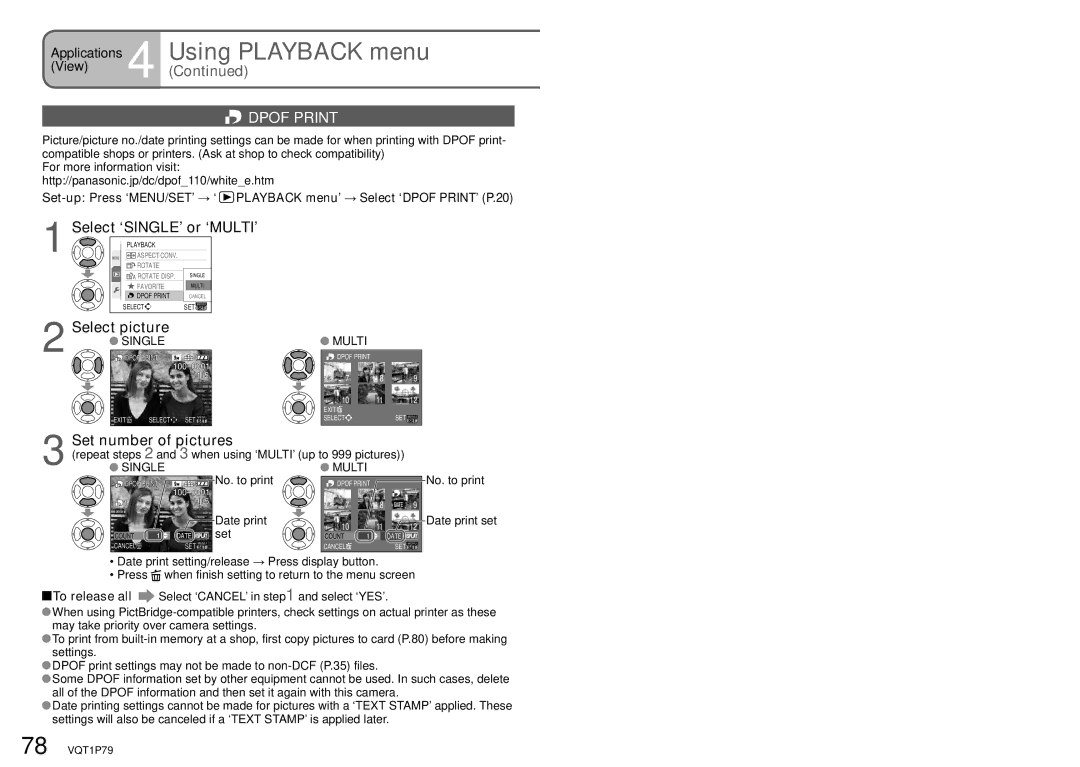 Panasonic DMC-TZ5, DMC-TZ4 operating instructions Dpof Print, Select ‘SINGLE’ or ‘MULTI’, Set number of pictures 