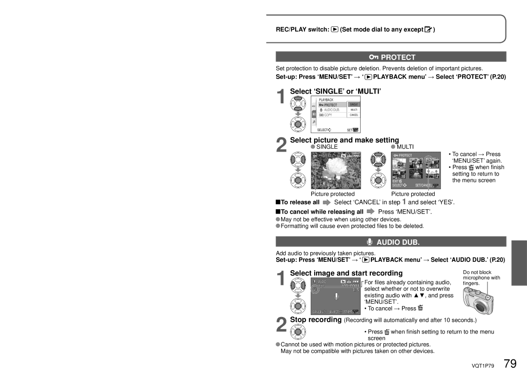 Panasonic DMC-TZ4, DMC-TZ5 Protect, Select picture and make setting, Audio DUB, Select image and start recording 