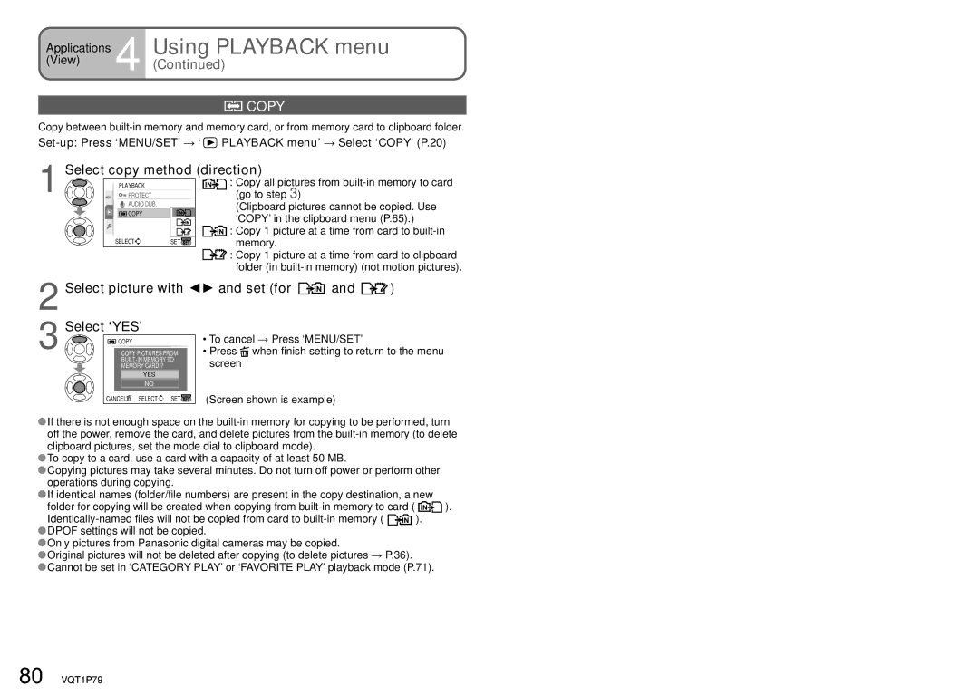 Panasonic DMC-TZ5, DMC-TZ4 Copy, Select copy method direction, Select picture with and set for Select ‘YES’ 