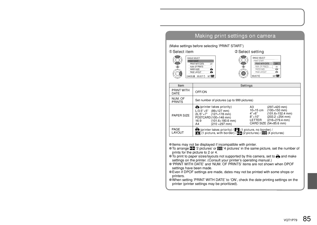 Panasonic DMC-TZ4, DMC-TZ5 operating instructions Select setting, Make settings before selecting ‘PRINT START’, Letter 