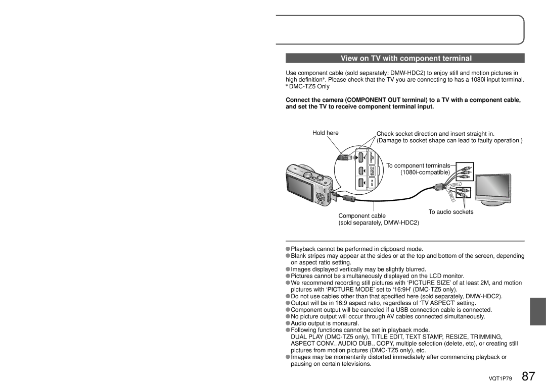 Panasonic DMC-TZ4, DMC-TZ5 View on TV with component terminal, Hold here Check socket direction and insert straight 