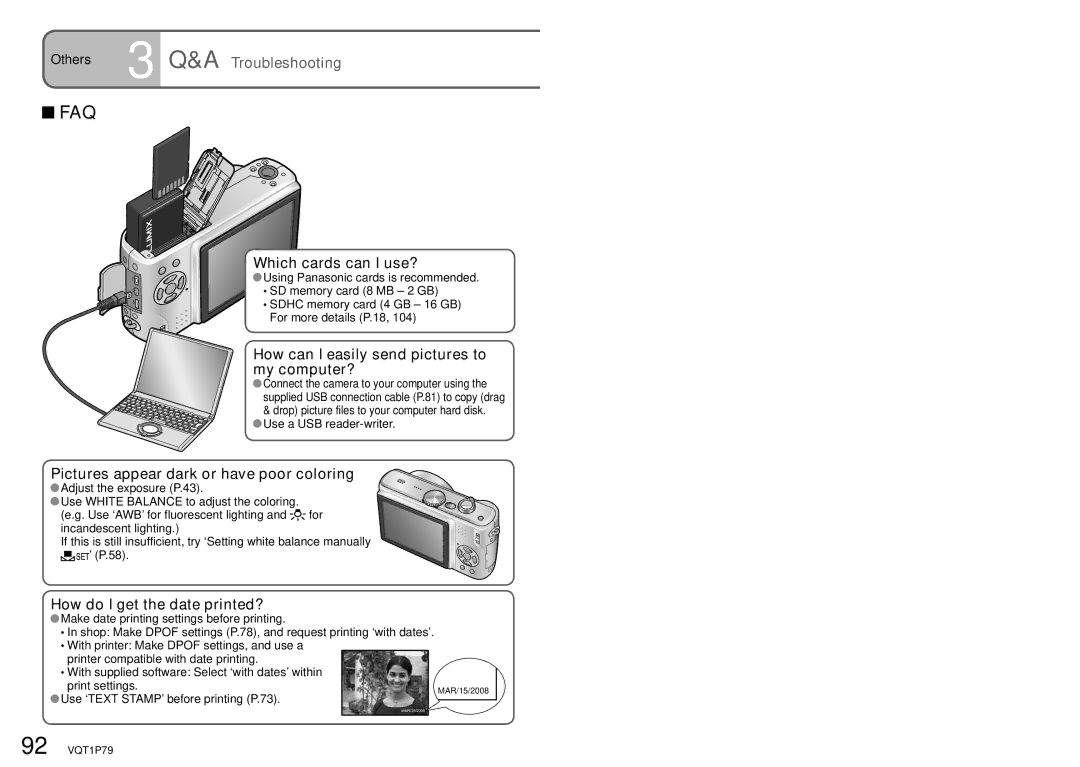 Panasonic DMC-TZ5 Which cards can I use?, How can I easily send pictures to my computer?, How do I get the date printed? 