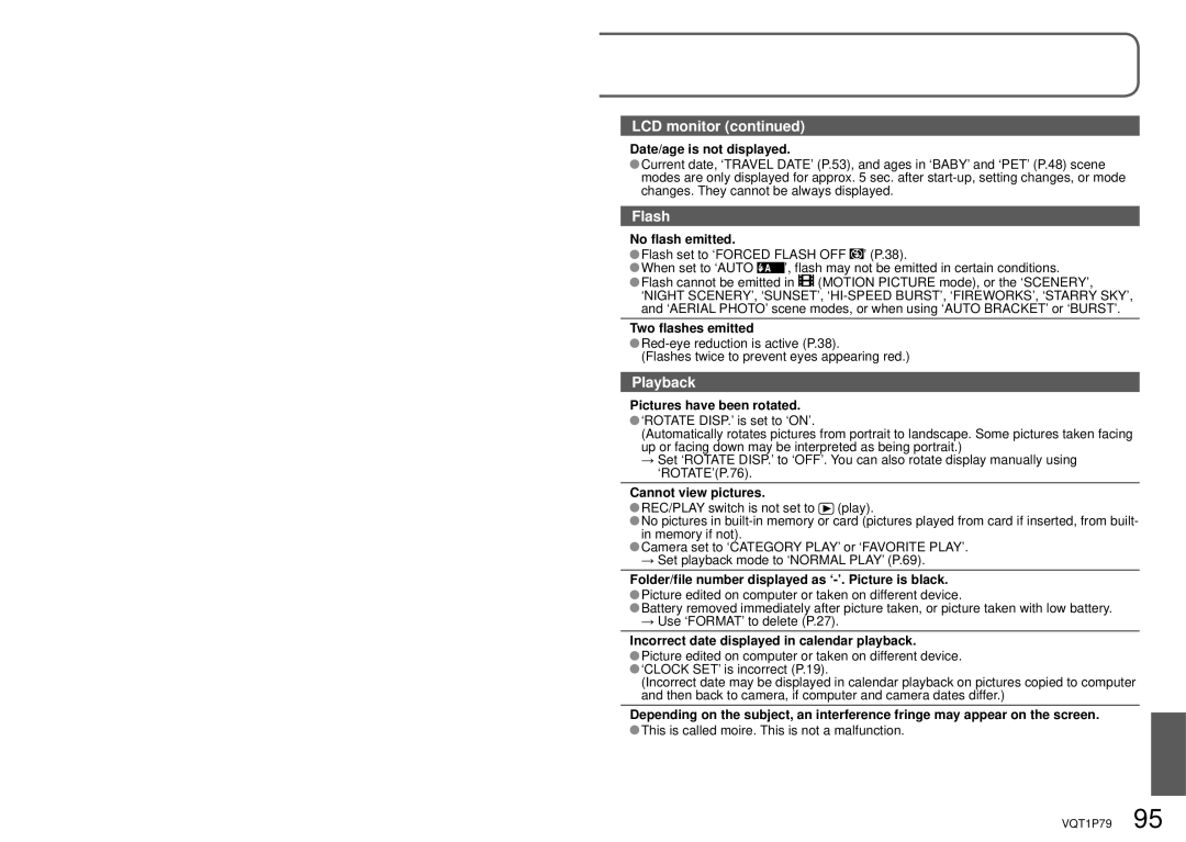 Panasonic DMC-TZ4, DMC-TZ5 Date/age is not displayed, No flash emitted, Two flashes emitted, Pictures have been rotated 