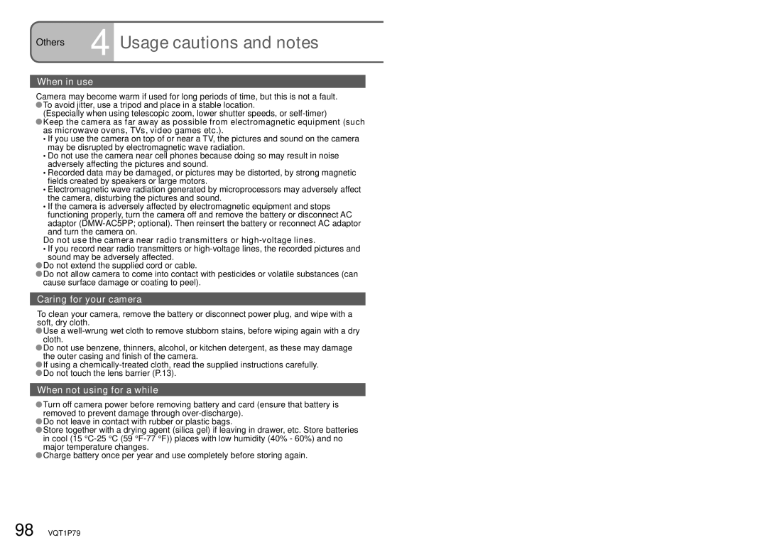 Panasonic DMC-TZ5, DMC-TZ4 operating instructions Others 4 Usage cautions and notes, When in use 