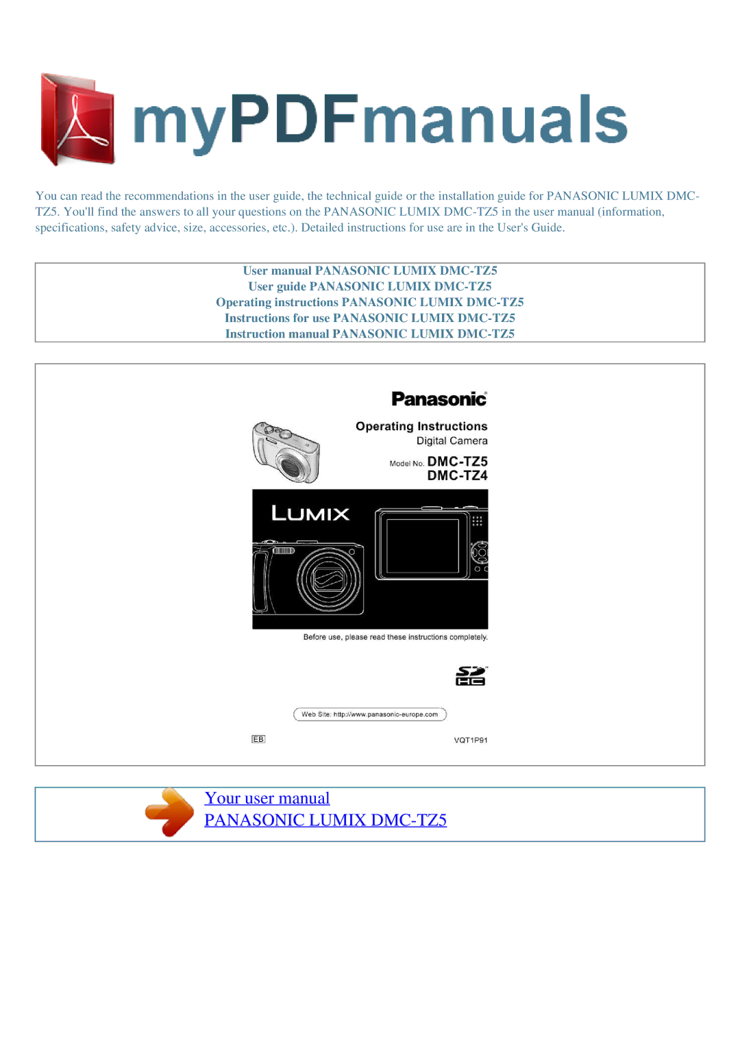 Panasonic user manual Panasonic Lumix DMC-TZ5 