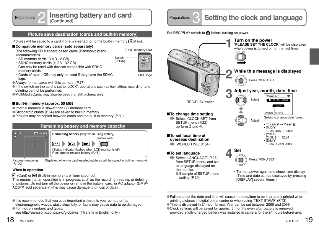 Panasonic DMC-TZ50 Preparations 3 Setting the clock and language, Picture save destination cards and built-in memory 