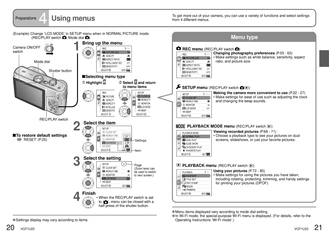 Panasonic DMC-TZ50 operating instructions Bring up the menu, Select the setting, Finish 