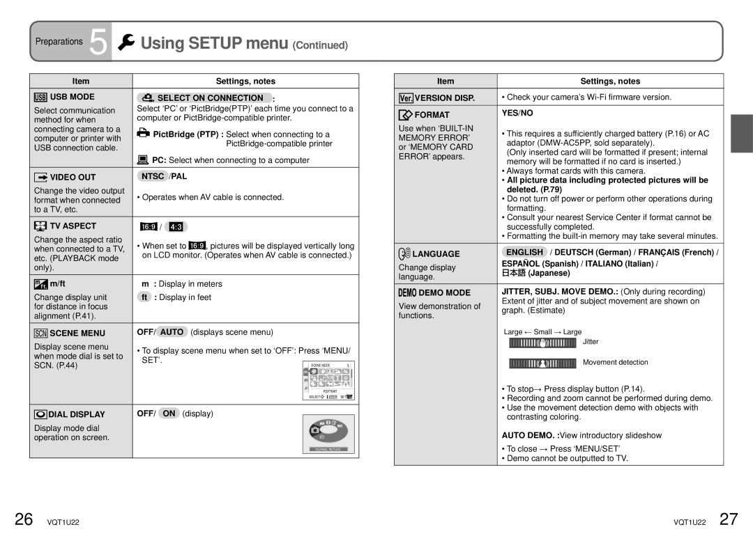 Panasonic DMC-TZ50 USB Mode Select on Connection, Video OUT Ntsc /PAL, TV Aspect, Scene Menu OFF/ Auto, Dial Display 