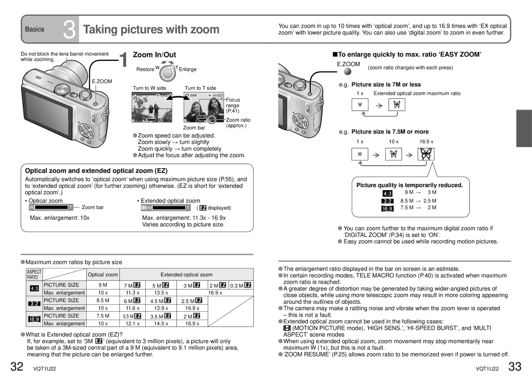 Panasonic DMC-TZ50 operating instructions Taking pictures with zoom, Zoom In/Out, Optical zoom and extended optical zoom EZ 