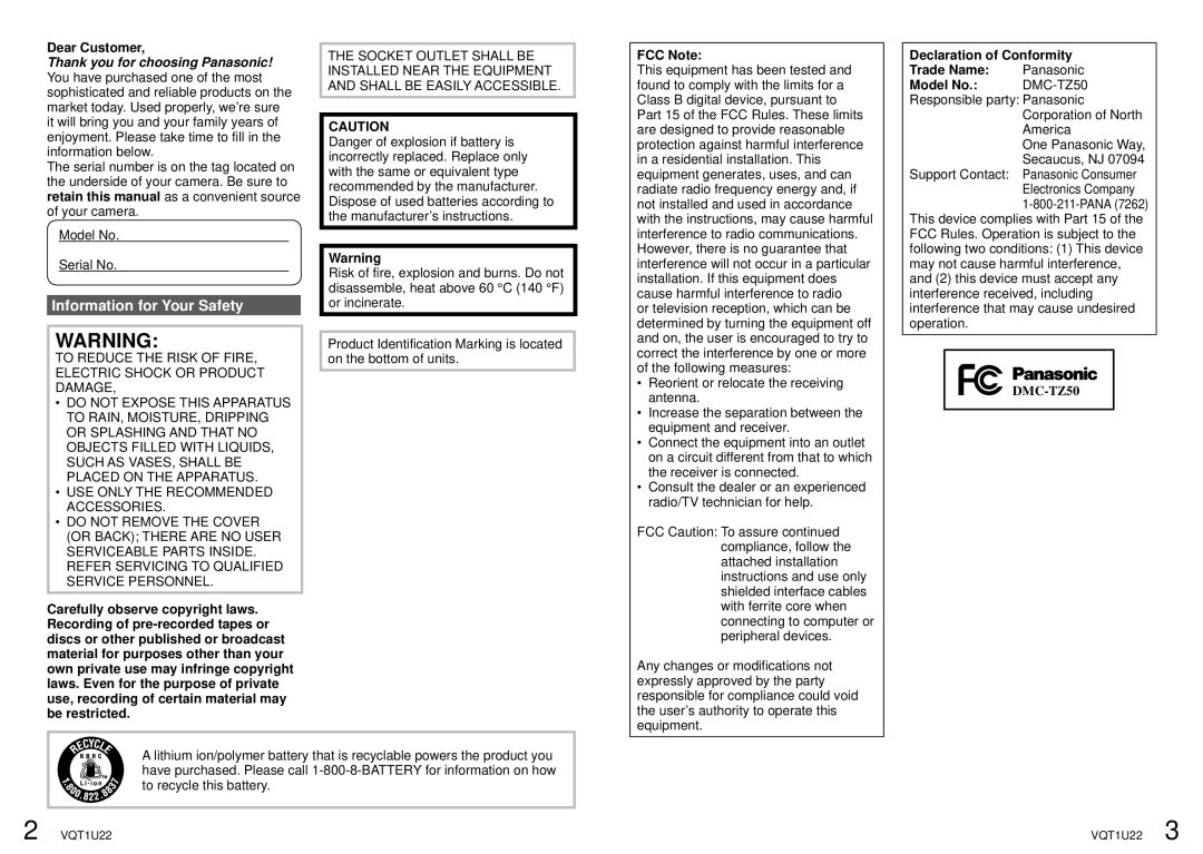 Panasonic DMC-TZ50 Information for Your Safety, Dear Customer, FCC Note, Declaration of Conformity Trade Name, Model No 