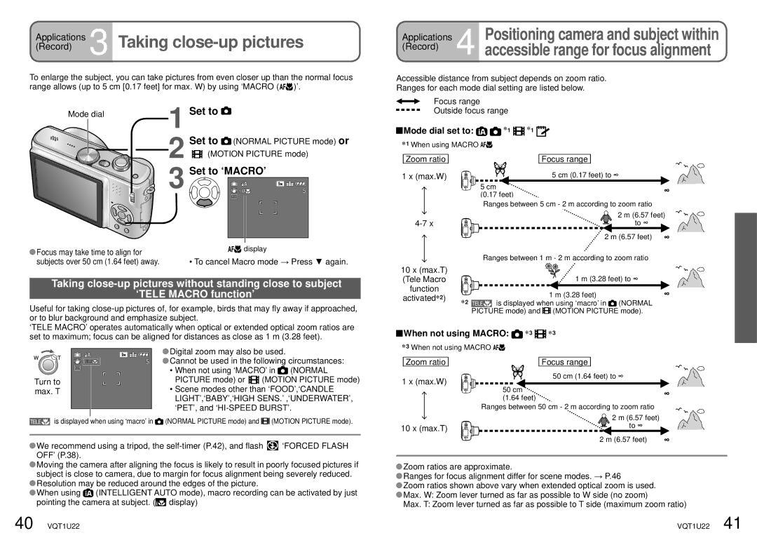 Panasonic DMC-TZ50 Applications 3 Taking close-up pictures, Set to ‘MACRO’, Mode dial set to, Zoom ratio Focus range 