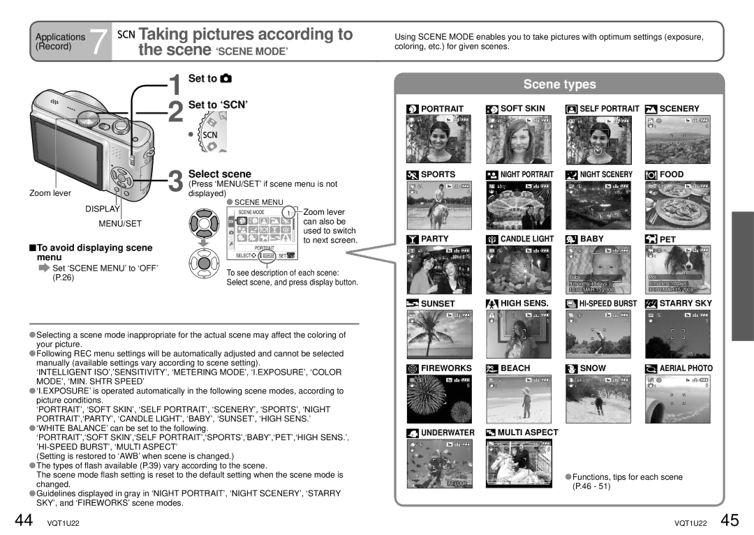 Panasonic DMC-TZ50 operating instructions Taking pictures according to, Set to ‘SCN’, Select scene 