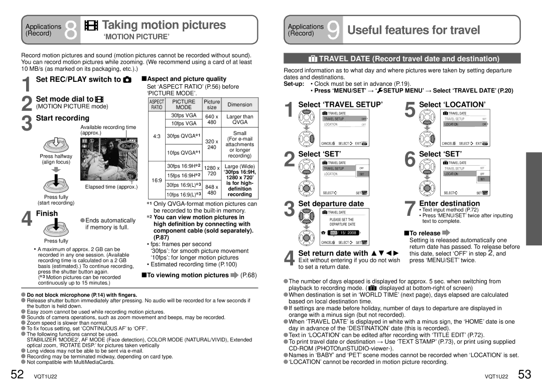 Panasonic DMC-TZ50 operating instructions Applications 9 Useful features for travel, Taking motion pictures 