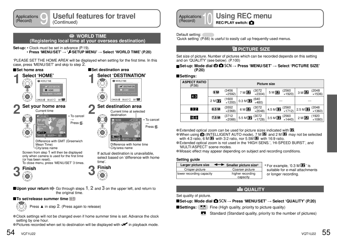 Panasonic DMC-TZ50 operating instructions Using REC menu, World Time, Picture Size, Quality 