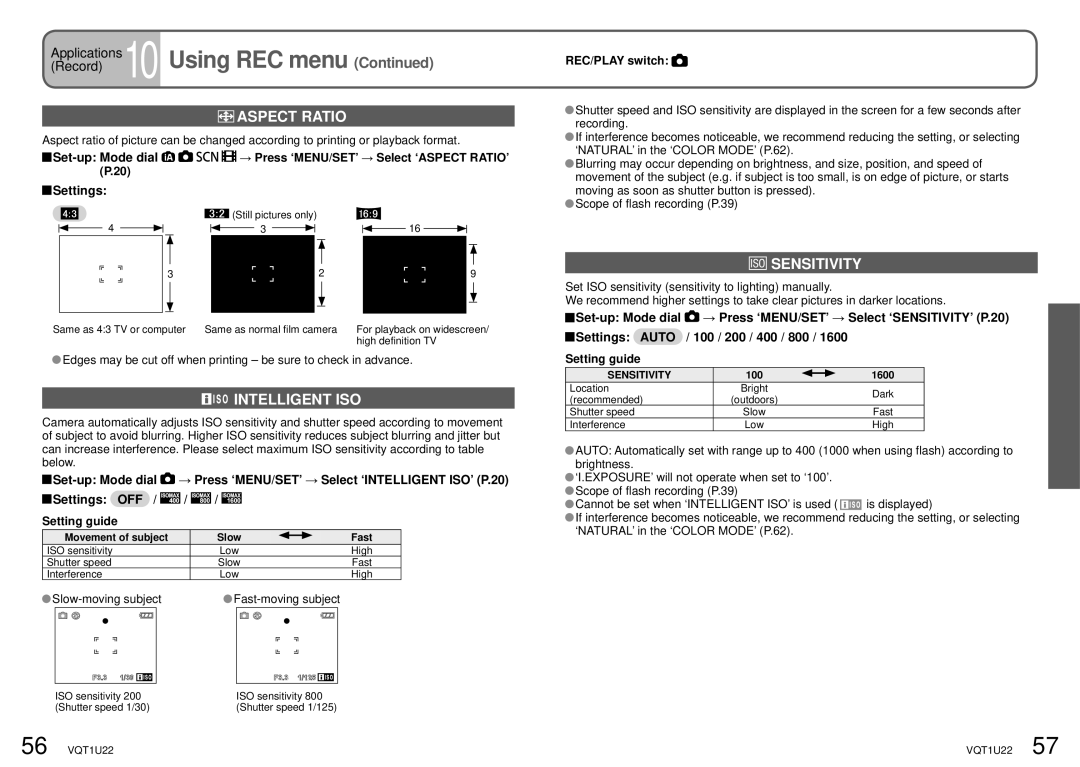 Panasonic DMC-TZ50 Aspect Ratio, Intelligent ISO, Sensitivity, Slow-moving subject Fast-moving subject 