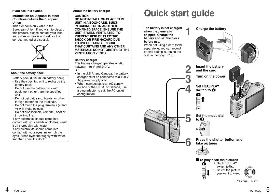 Panasonic DMC-TZ50 Charge the battery, Insert the battery, Card, Turn on the power, Set REC/PLAY, Switch to, Take pictures 