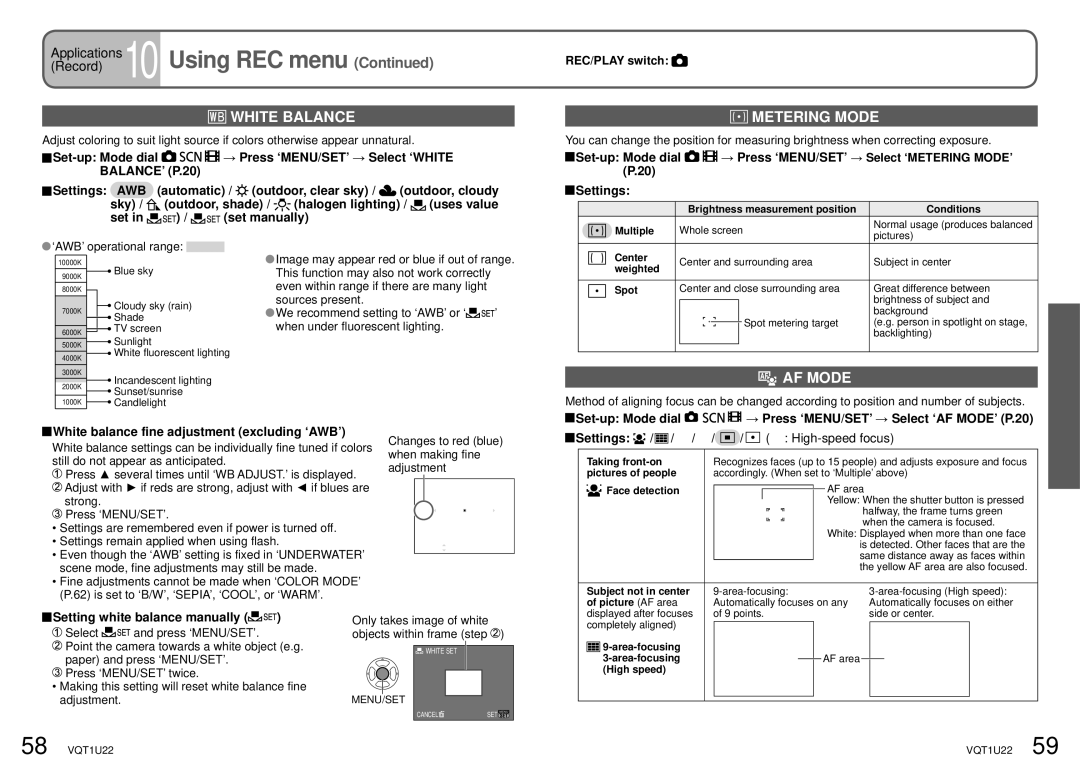 Panasonic DMC-TZ50 operating instructions White Balance, Metering Mode, AF Mode 