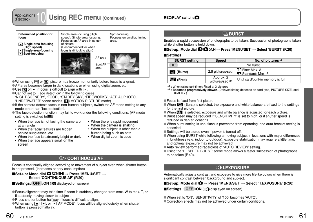 Panasonic DMC-TZ50 operating instructions Burst, Continuous AF 