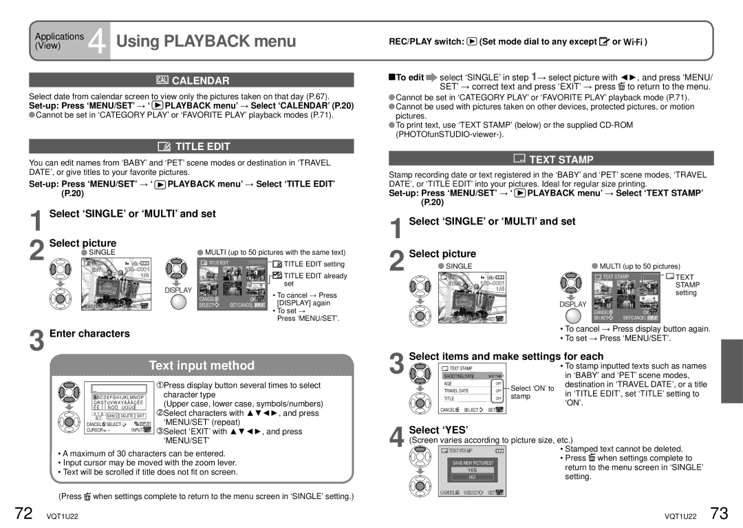 Panasonic DMC-TZ50 operating instructions Applications 4 Using Playback menu, Calendar, Title Edit, Text Stamp 