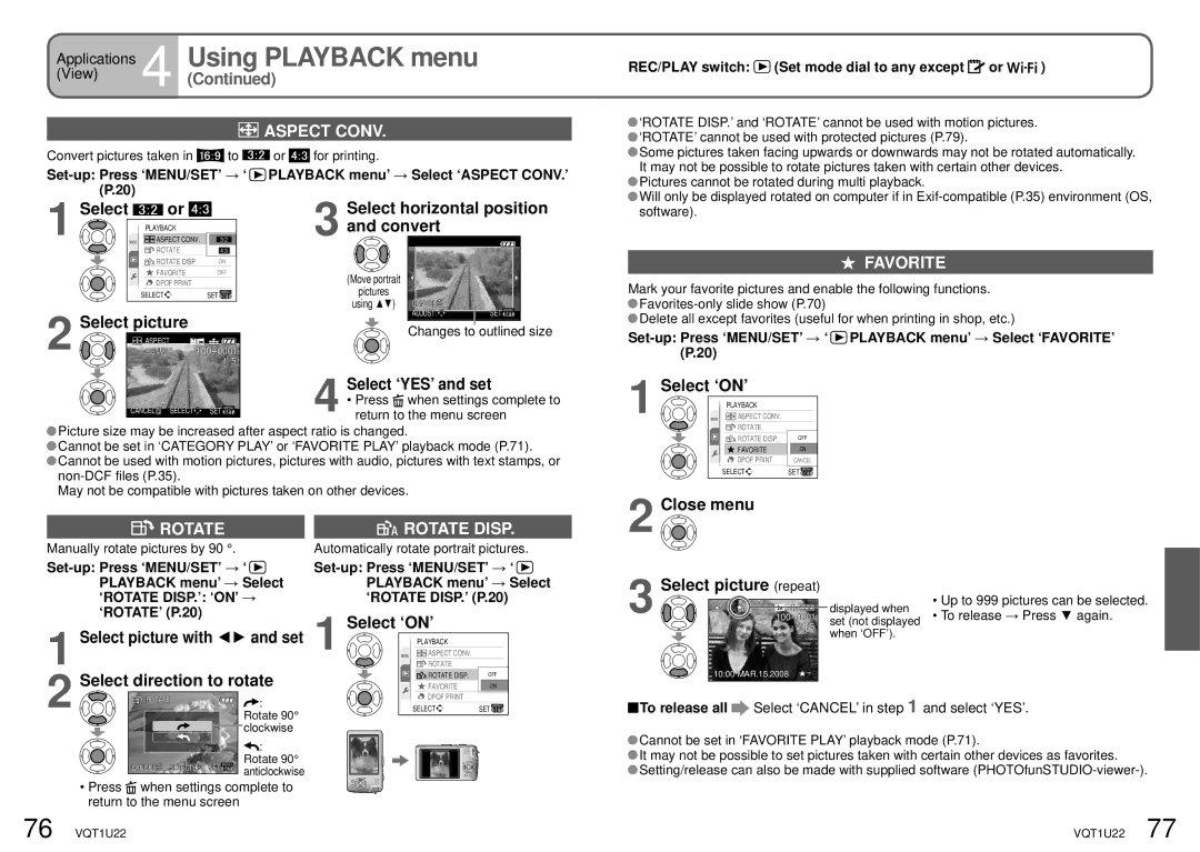 Panasonic DMC-TZ50 operating instructions Aspect Conv, Rotate Rotate Disp, Favorite, Select picture repeat 