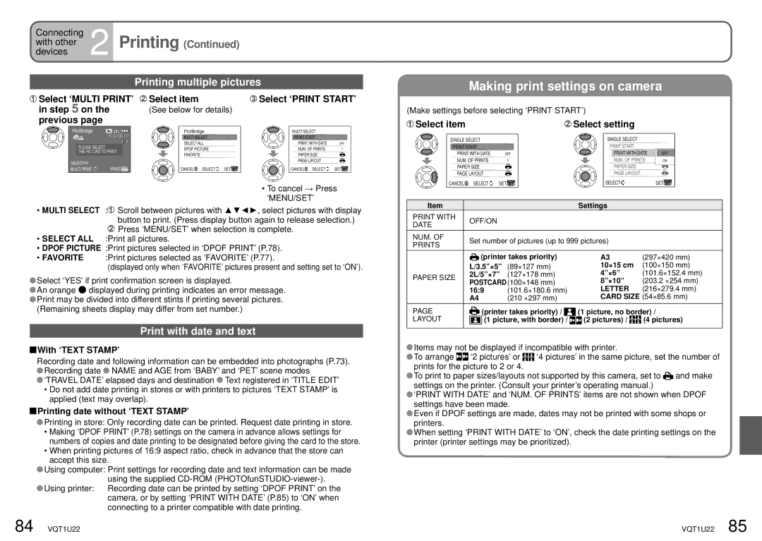 Panasonic DMC-TZ50 operating instructions Printing multiple pictures, Print with date and text 