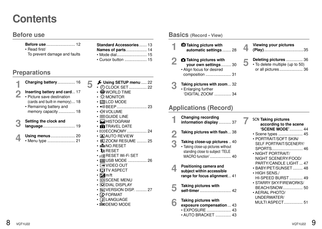 Panasonic DMC-TZ50 operating instructions Contents 