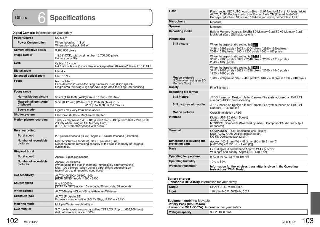 Panasonic DMC-TZ50 operating instructions Specifications 