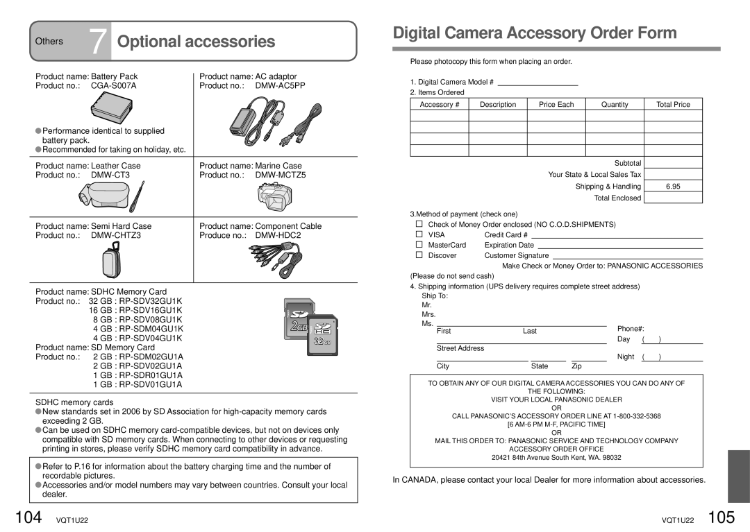 Panasonic DMC-TZ50 Optional accessories, Digital Camera Accessory Order Form, DMW-AC5PP, DMW-CT3, DMW-MCTZ5 