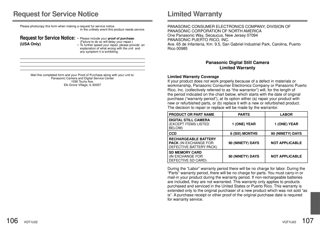 Panasonic DMC-TZ50 operating instructions Request for Service Notice, Panasonic Digital Still Camera Limited Warranty 