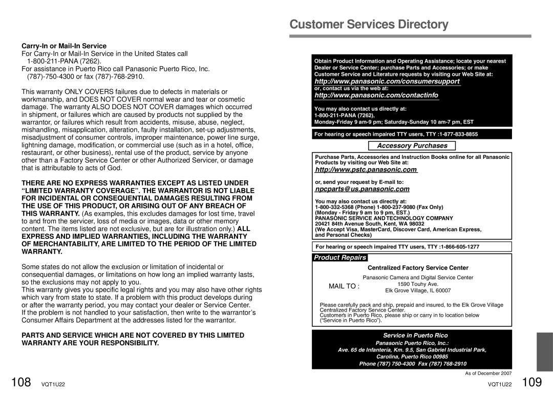 Panasonic DMC-TZ50 operating instructions Customer Services Directory, Carry-In or Mail-In Service 