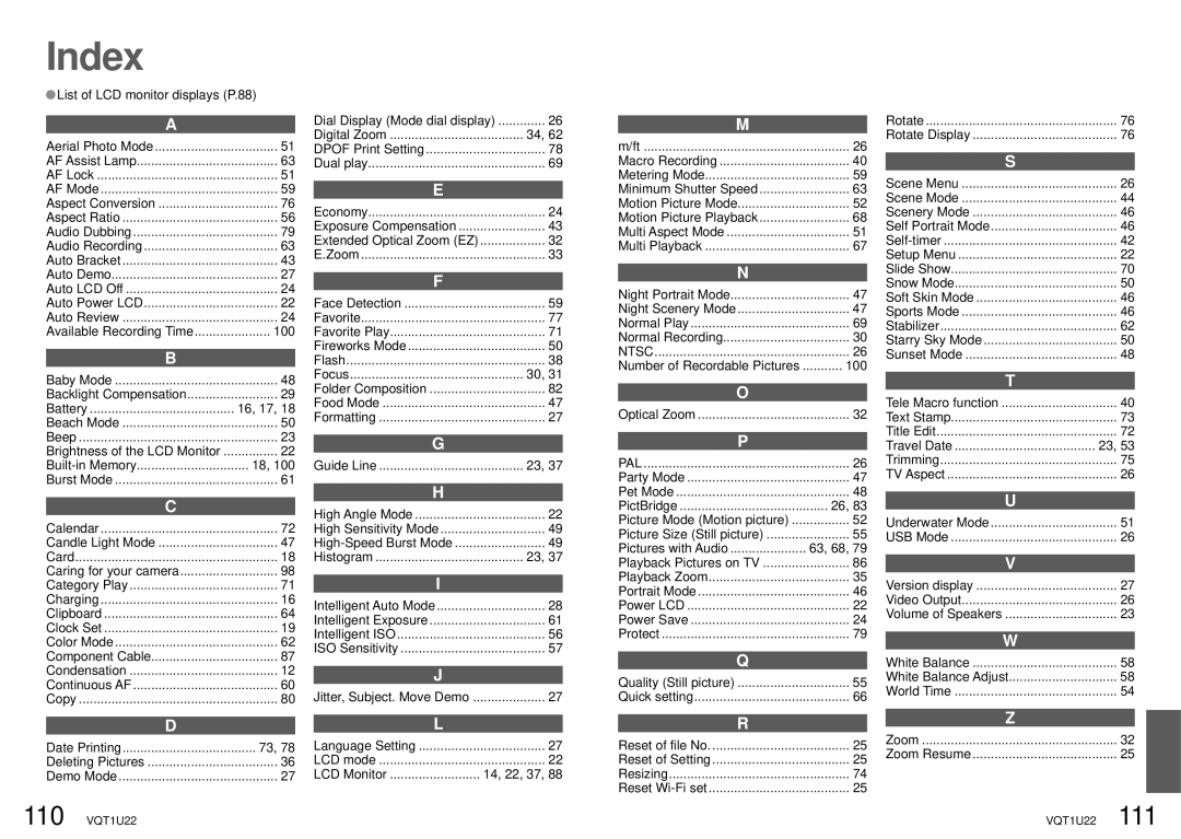 Panasonic DMC-TZ50 operating instructions List of LCD monitor displays P.88, Dial Display Mode dial display, 63, 68 