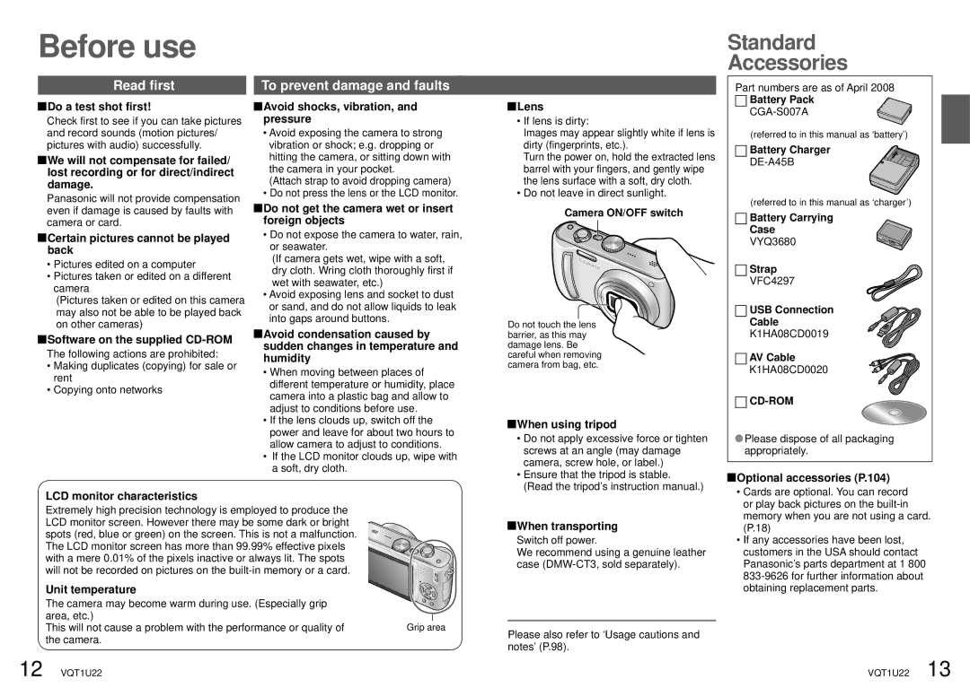 Panasonic DMC-TZ50 operating instructions Standard Accessories, Read first, To prevent damage and faults, Cd-Rom 