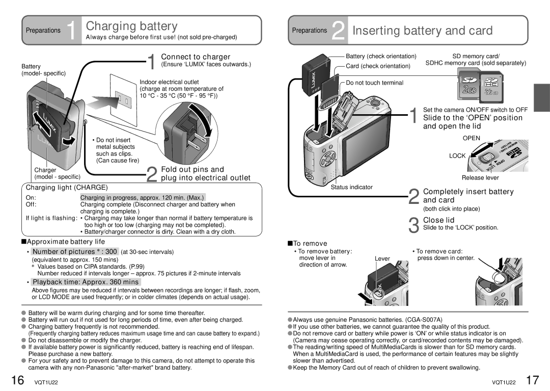 Panasonic DMC-TZ50 operating instructions Charging battery, Preparations 2 Inserting battery and card 