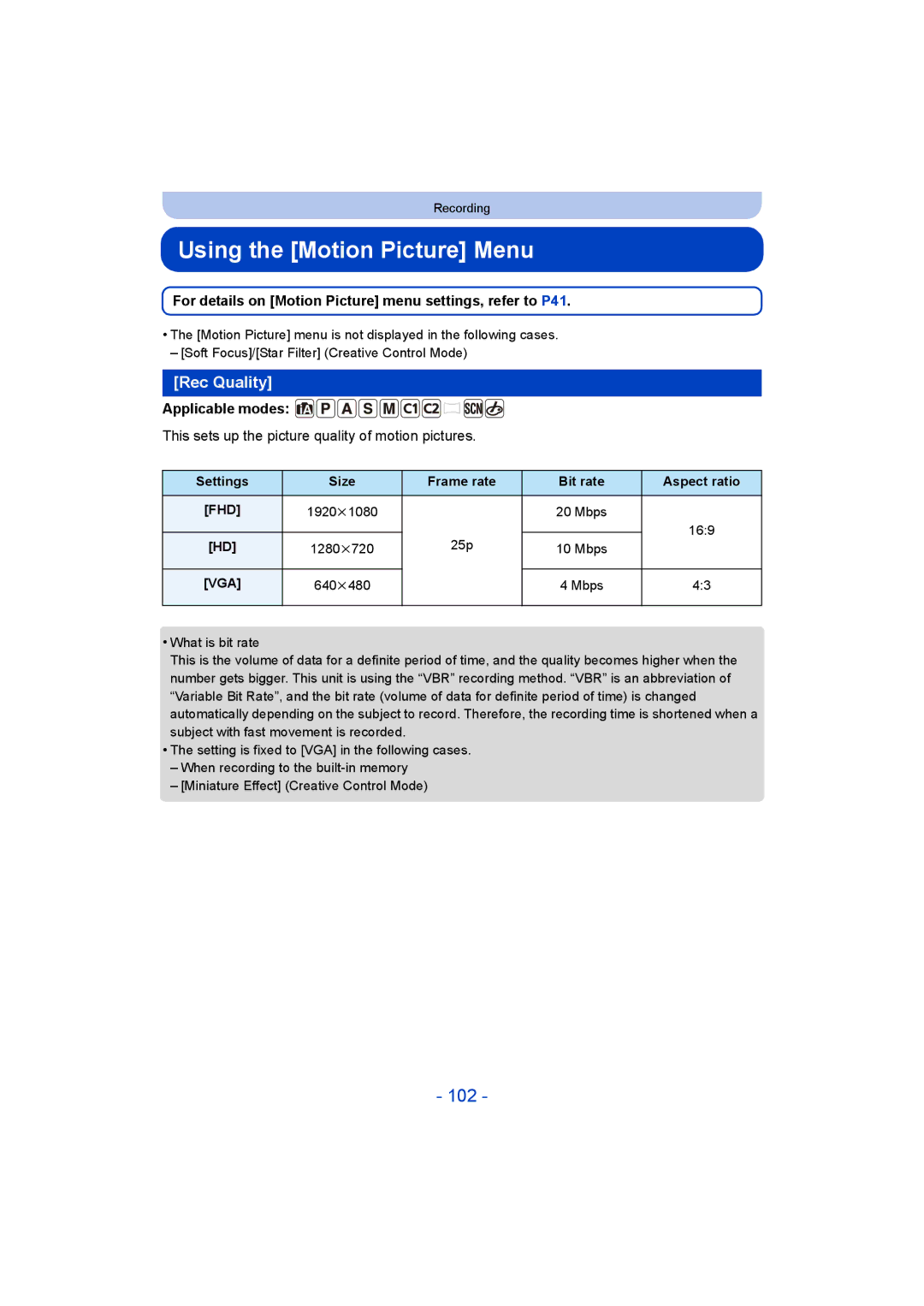 Panasonic DMC-TZ55 Using the Motion Picture Menu, 102, Rec Quality, This sets up the picture quality of motion pictures 