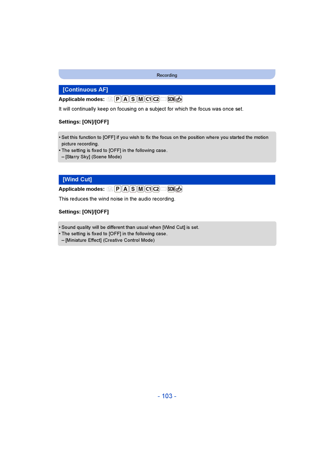 Panasonic DMC-TZ55 operating instructions 103, Continuous AF, Wind Cut, This reduces the wind noise in the audio recording 