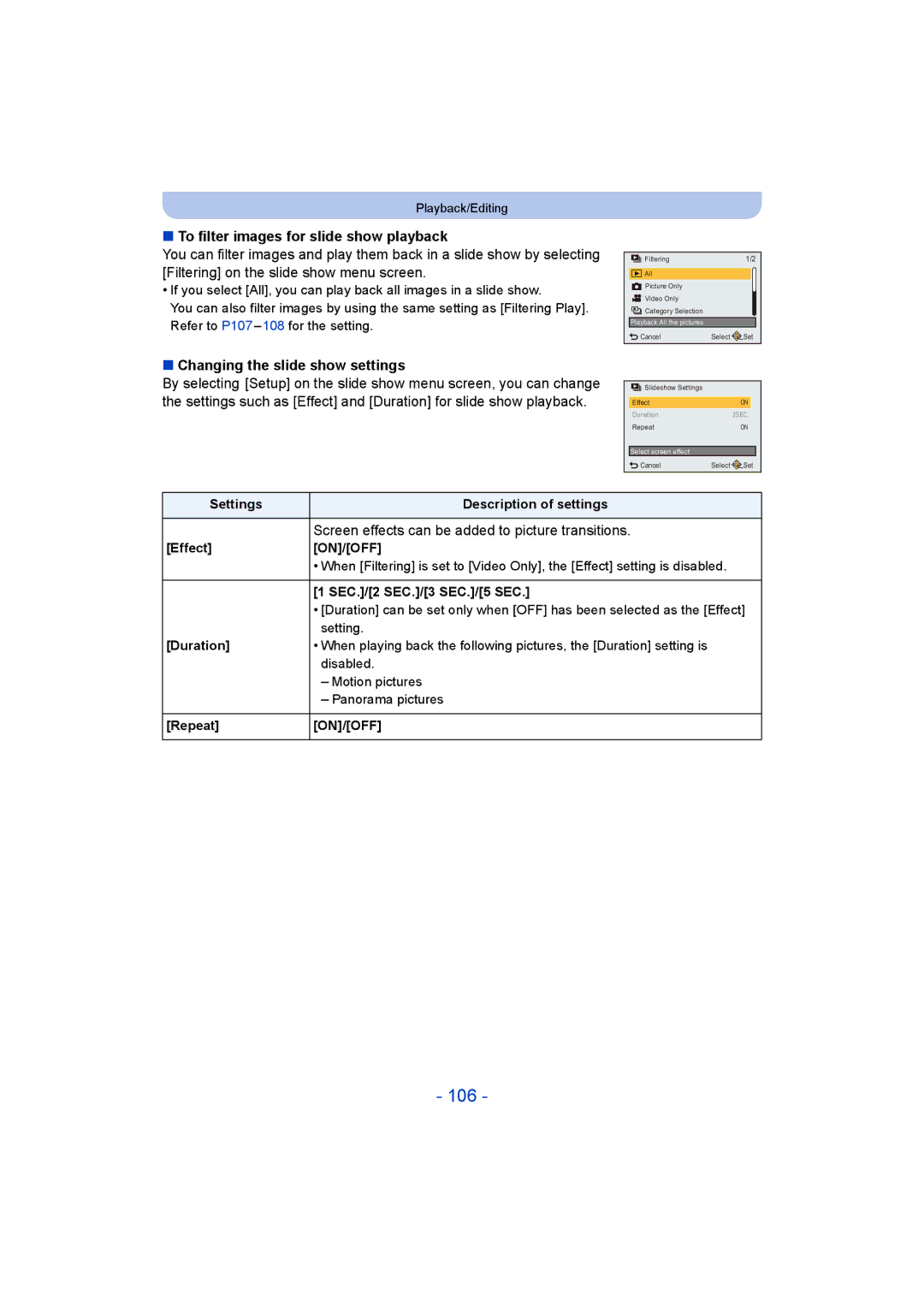 Panasonic DMC-TZ55 operating instructions 106, To filter images for slide show playback, Changing the slide show settings 