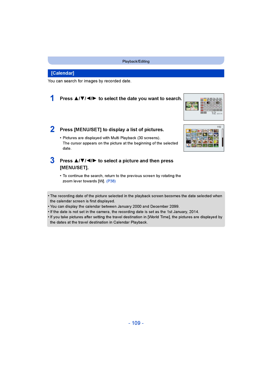 Panasonic DMC-TZ55 operating instructions 109, Calendar, Press 3/4/2/1 to select the date you want to search 