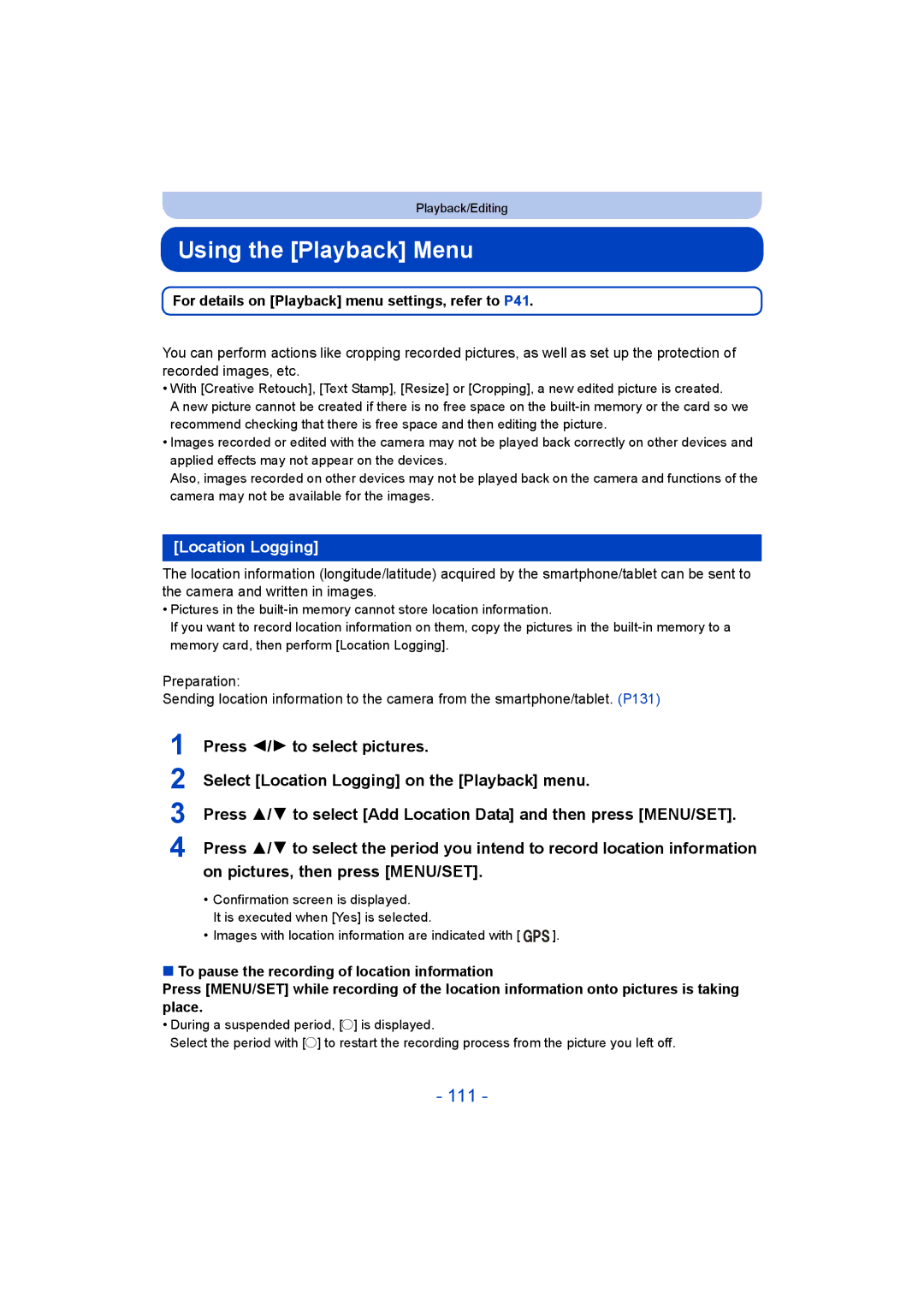 Panasonic DMC-TZ55 Using the Playback Menu, 111, Location Logging, For details on Playback menu settings, refer to P41 