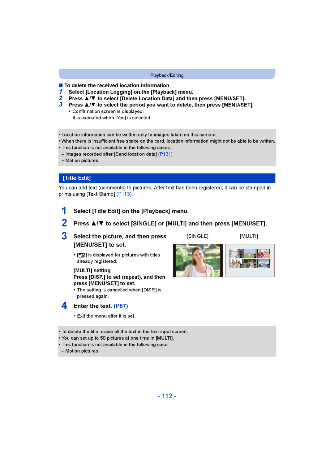 Panasonic DMC-TZ55 operating instructions 112, Title Edit, MENU/SET to set, Enter the text. P87 