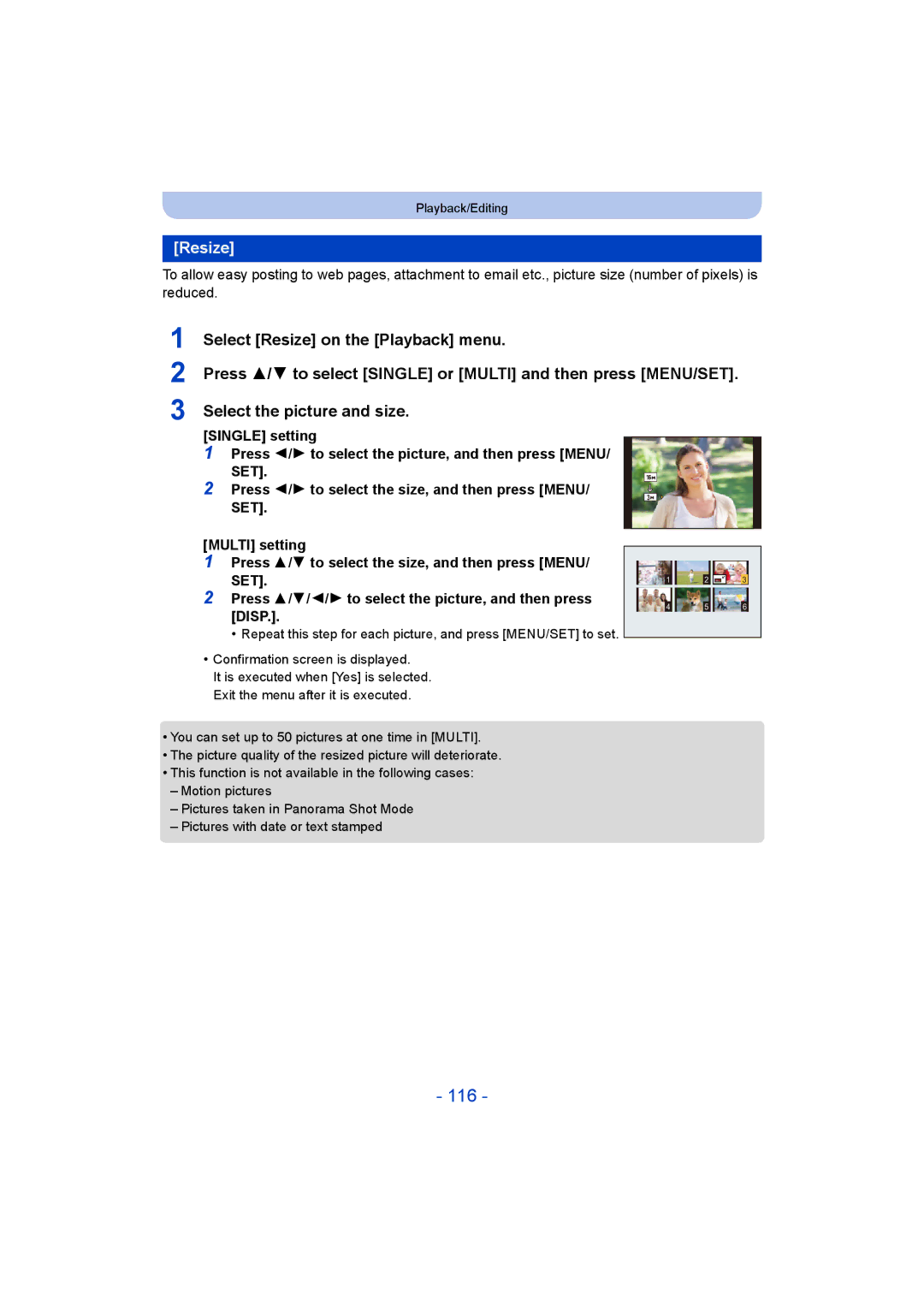 Panasonic DMC-TZ55 operating instructions 116, Resize, Press 2/1 to select the size, and then press Menu 