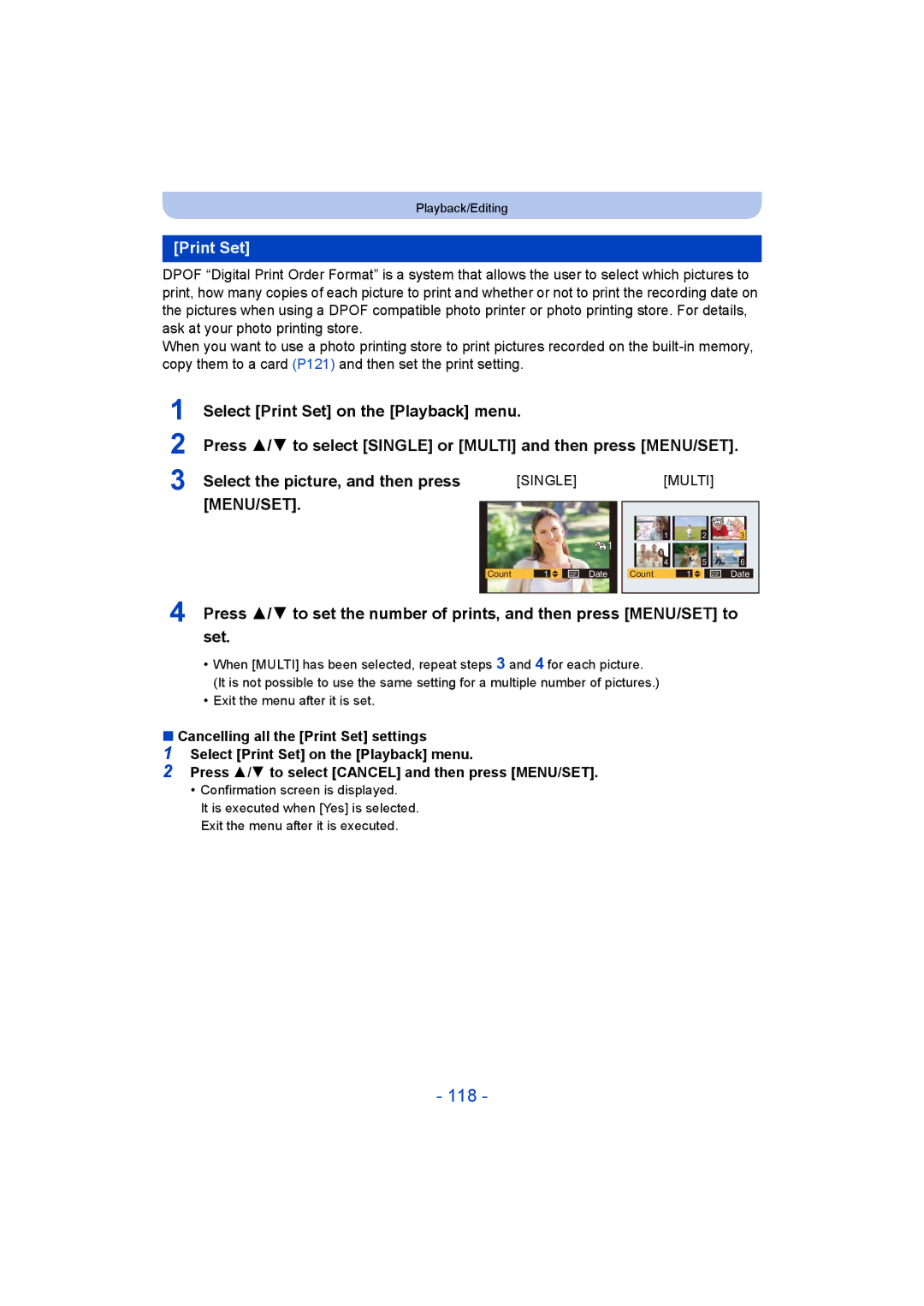 Panasonic DMC-TZ55 operating instructions 118, Print Set 