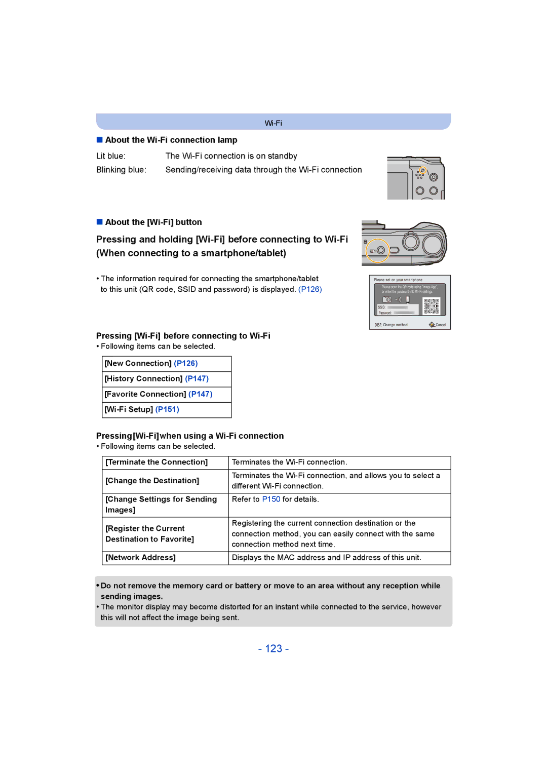 Panasonic DMC-TZ55 123, About the Wi-Fi connection lamp, About the Wi-Fi button, Pressing Wi-Fi before connecting to Wi-Fi 