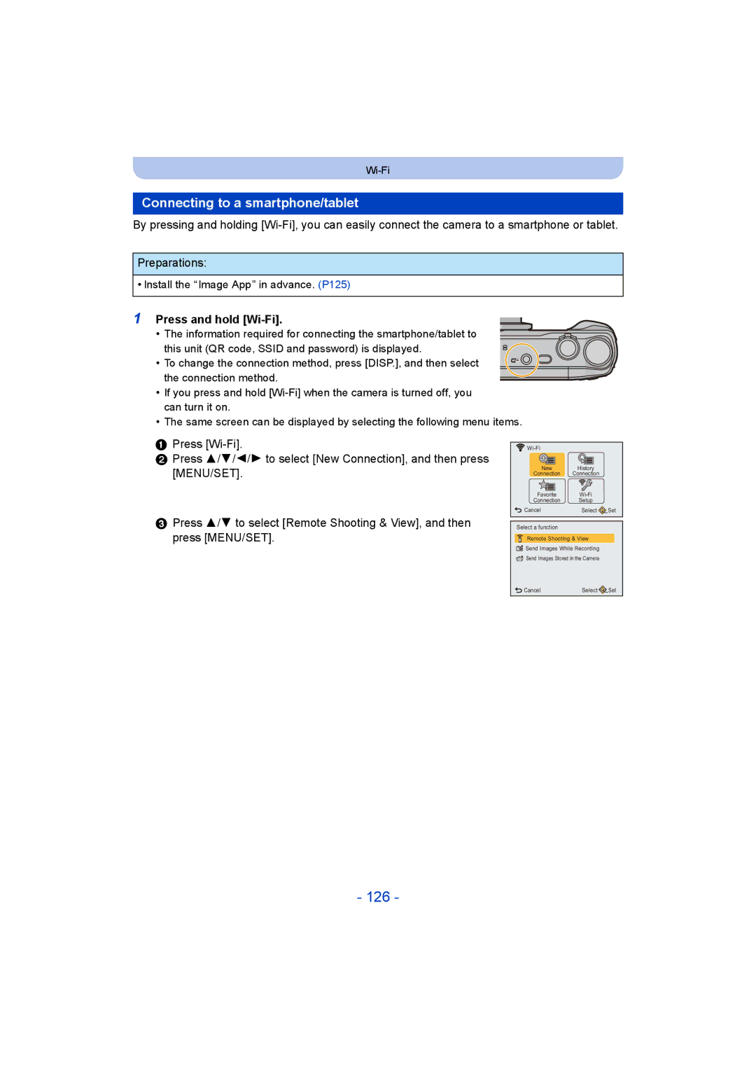 Panasonic DMC-TZ55 operating instructions 126, Connecting to a smartphone/tablet, Press and hold Wi-Fi 