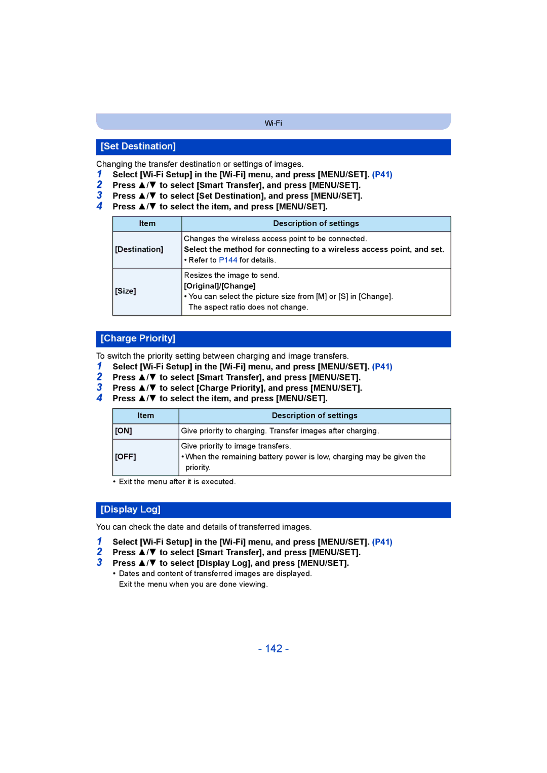 Panasonic DMC-TZ55 operating instructions 142, Set Destination, Charge Priority, Display Log 