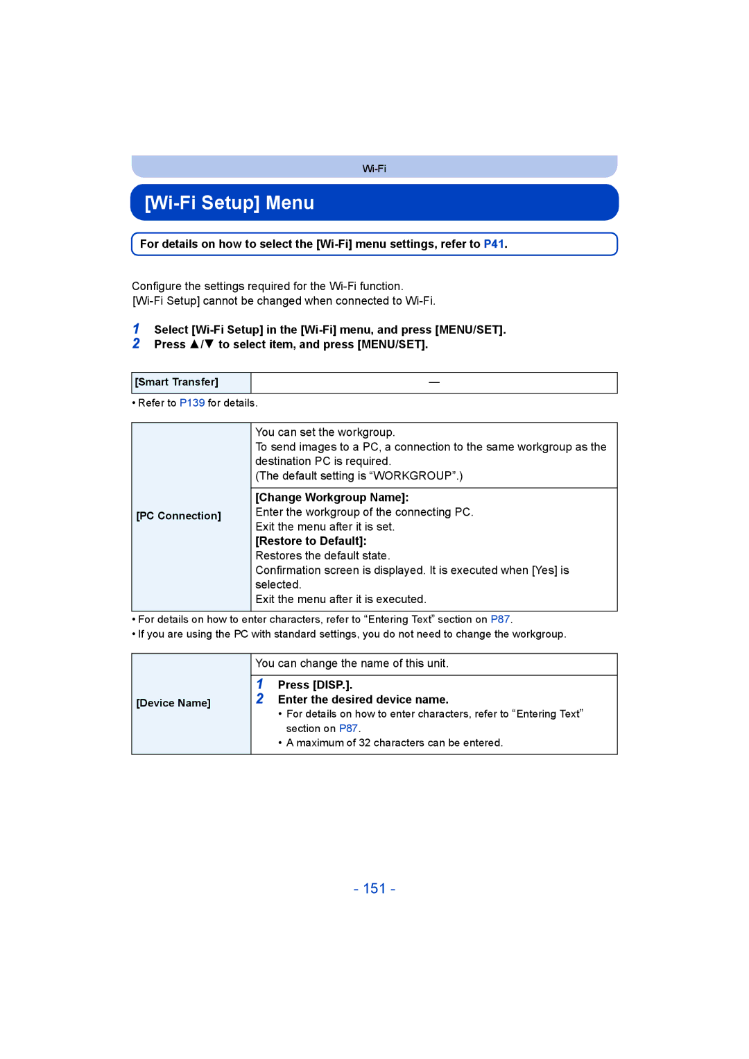 Panasonic DMC-TZ55 operating instructions Wi-Fi Setup Menu, 151 